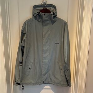 Eddie Bauer waterproof hooded rain coat in pale sky blue